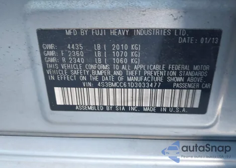 2013 Subaru Legacy 2.5I Premium z USA, uszkodzony, nr VIN 4S3BMCC61D3033477